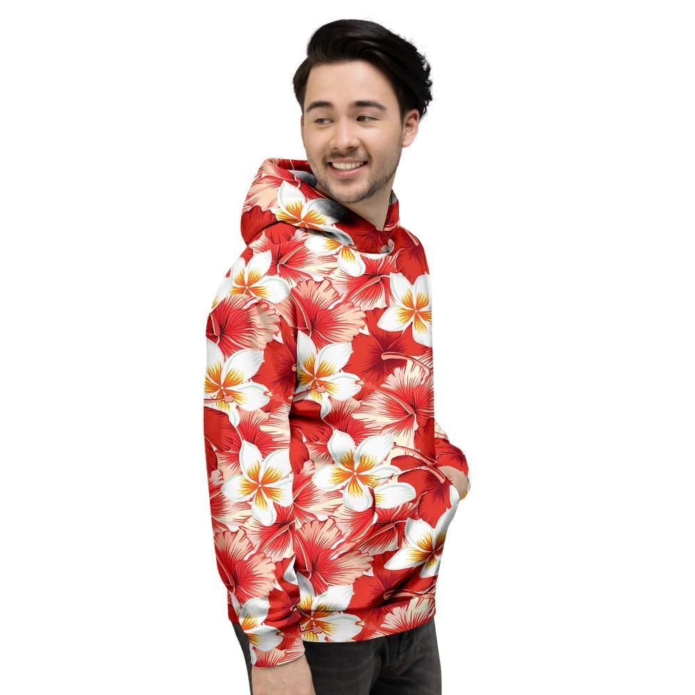 Red And White Hibiscus Hawaiian Print Men's Hoodie-grizzshop