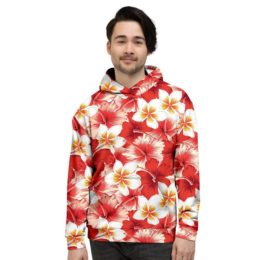Red And White Hibiscus Hawaiian Print Men's Hoodie-grizzshop