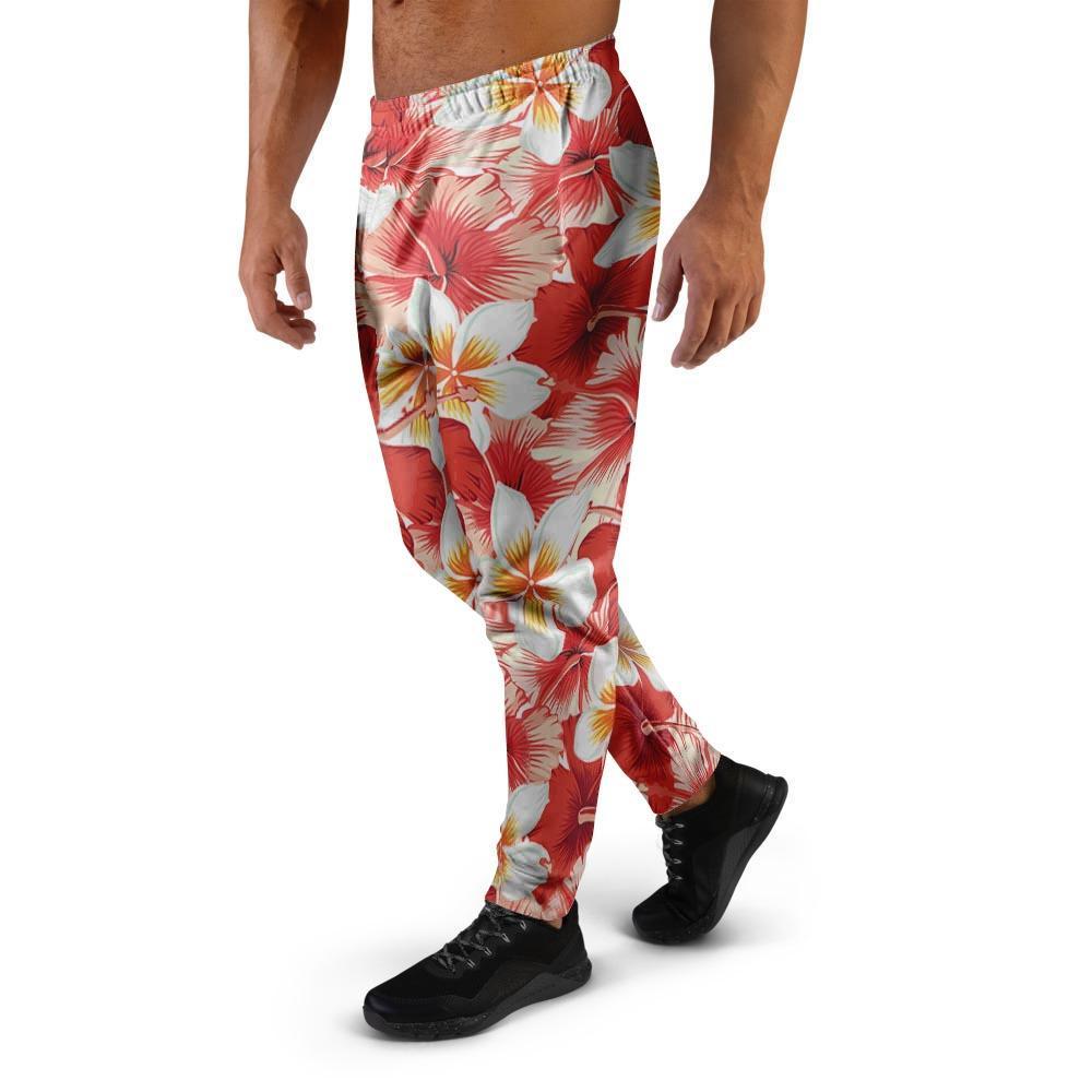Red And White Hibiscus Hawaiian Print Men's Joggers-grizzshop