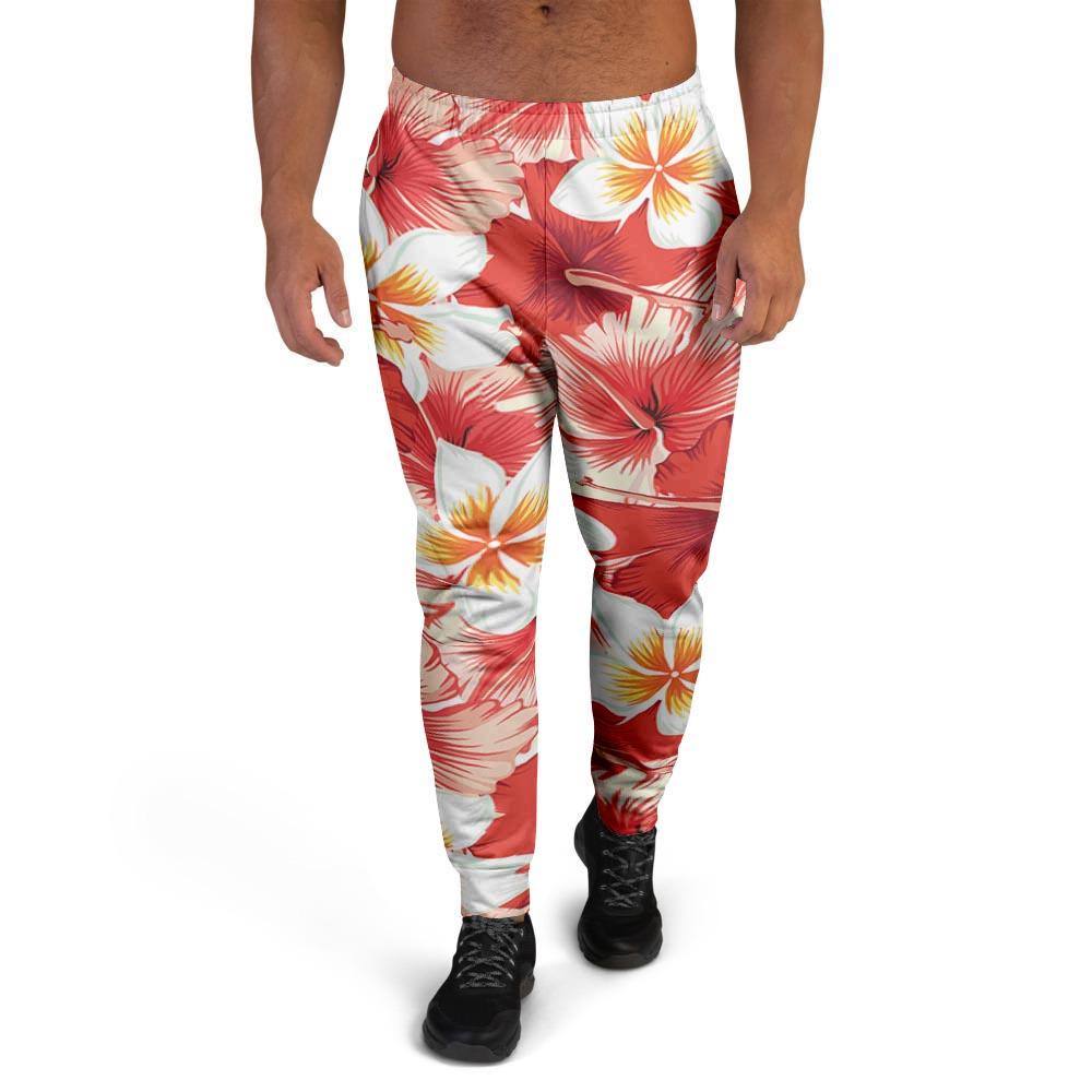 Red And White Hibiscus Hawaiian Print Men's Joggers-grizzshop