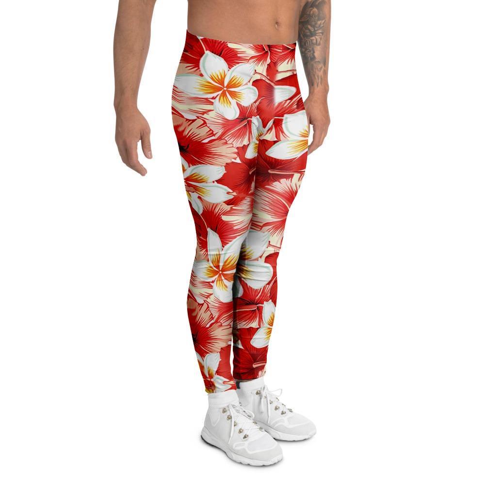 Red And White Hibiscus Hawaiian Print Men's Leggings-grizzshop