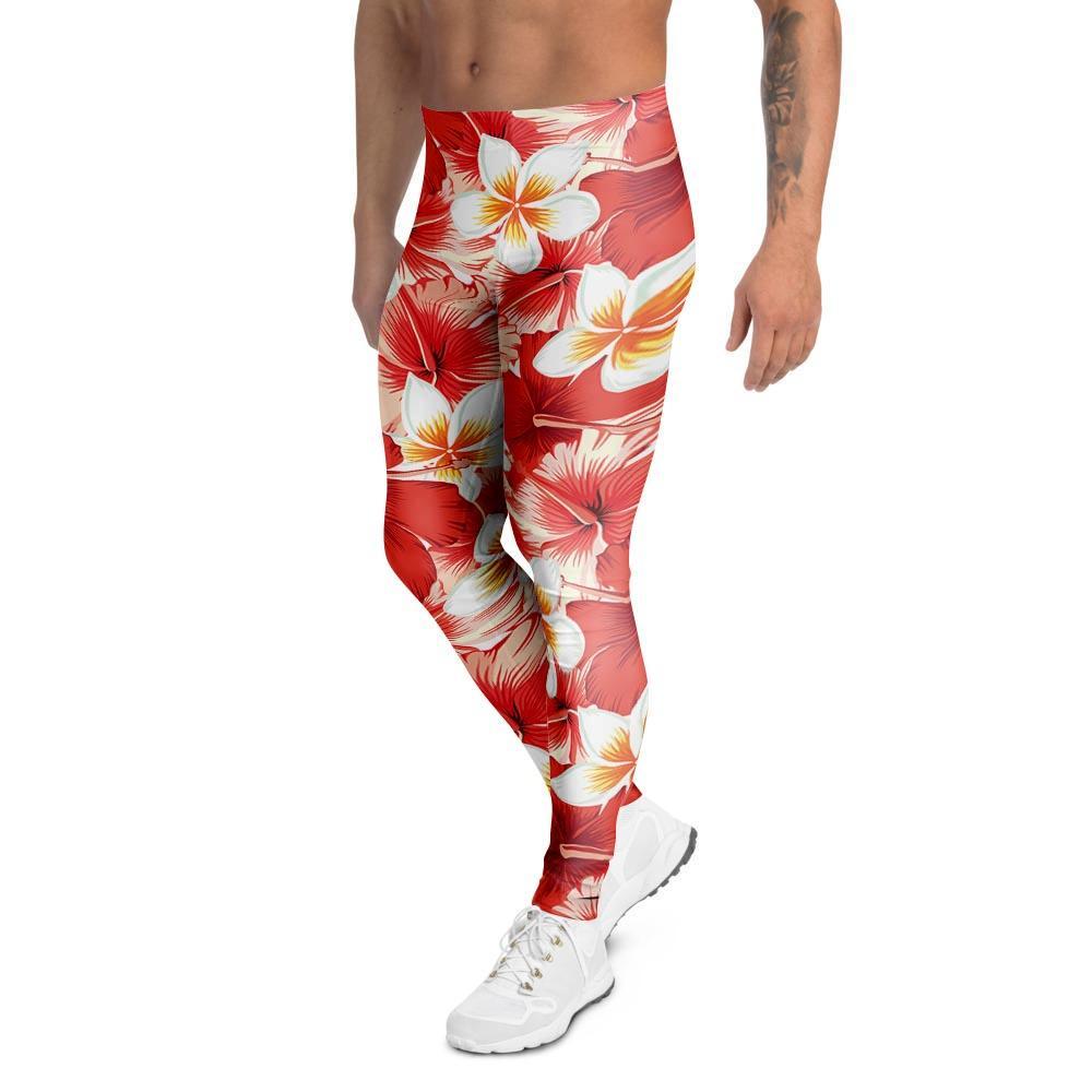 Red And White Hibiscus Hawaiian Print Men's Leggings-grizzshop