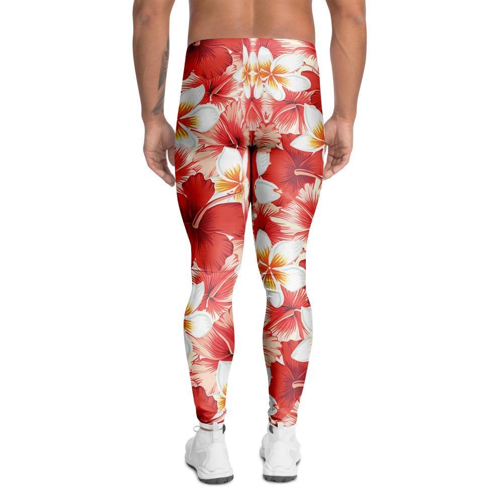 Red And White Hibiscus Hawaiian Print Men's Leggings-grizzshop