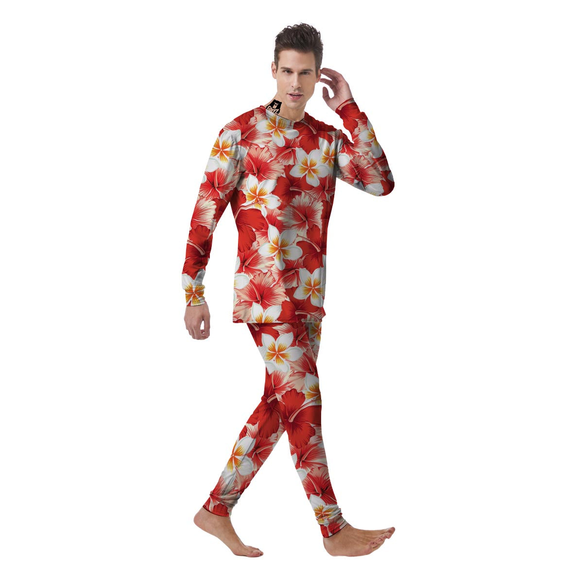 Red And White Hibiscus Hawaiian Print Men's Pajamas-grizzshop