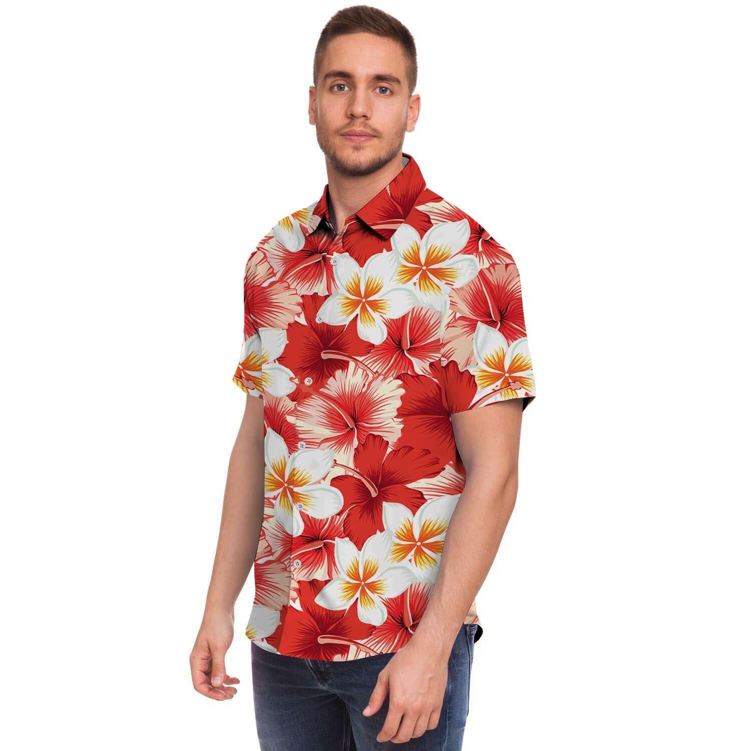 Red And White Hibiscus Hawaiian Print Men's Short Sleeve Shirt-grizzshop