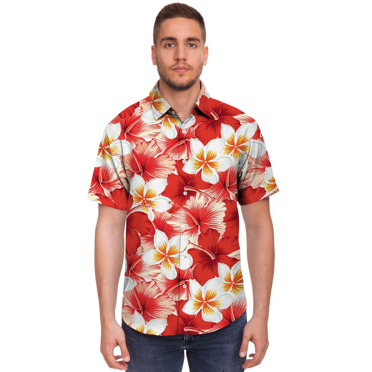 Red And White Hibiscus Hawaiian Print Men's Short Sleeve Shirt-grizzshop