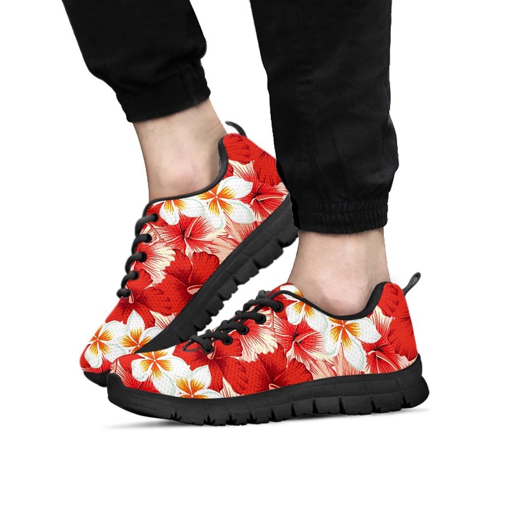 Red And White Hibiscus Hawaiian Print Men's Sneakers-grizzshop