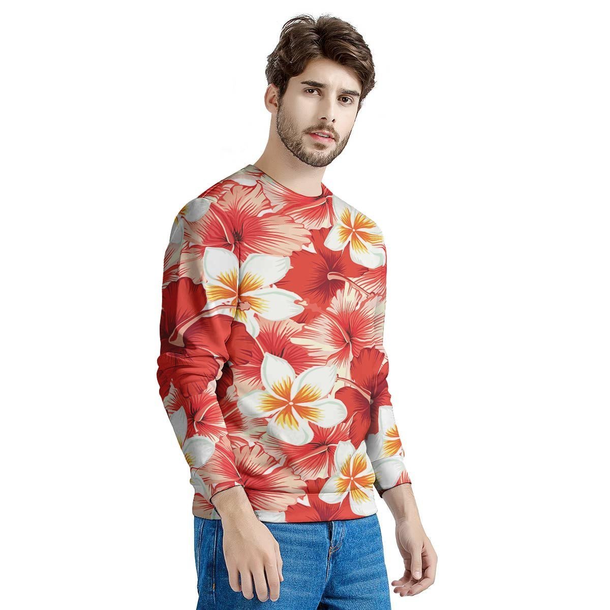 Red And White Hibiscus Hawaiian Print Men's Sweatshirt-grizzshop