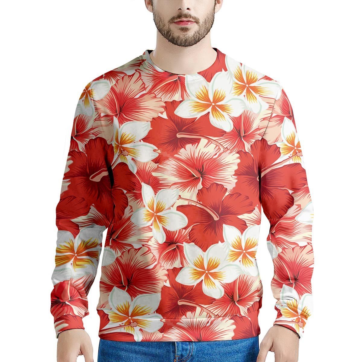 Red And White Hibiscus Hawaiian Print Men's Sweatshirt-grizzshop