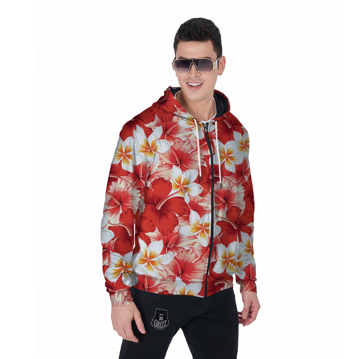 Red And White Hibiscus Hawaiian Print Men's Zip Up Hoodie-grizzshop