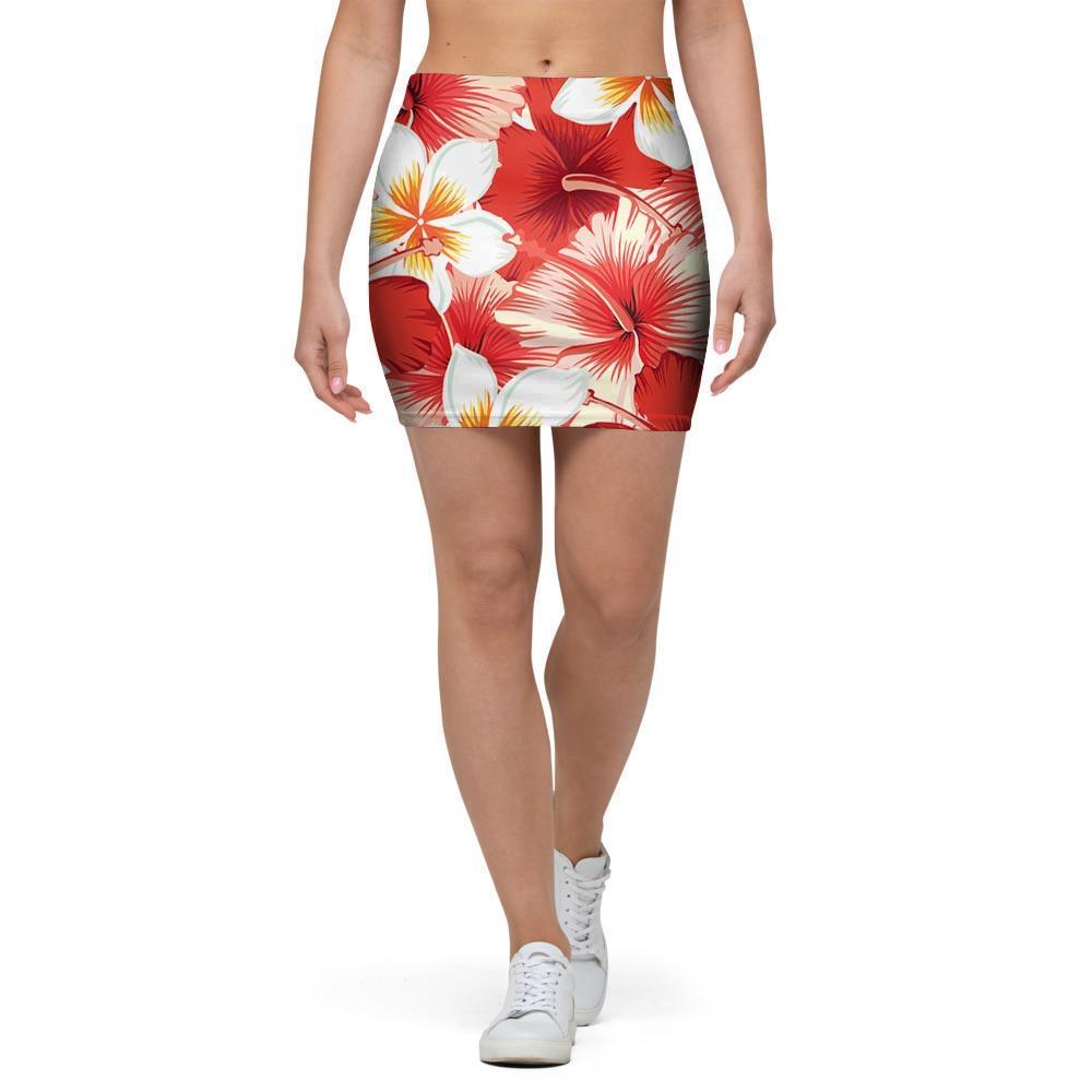 Red And White Hibiscus Hawaiian Print Mini Skirt-grizzshop