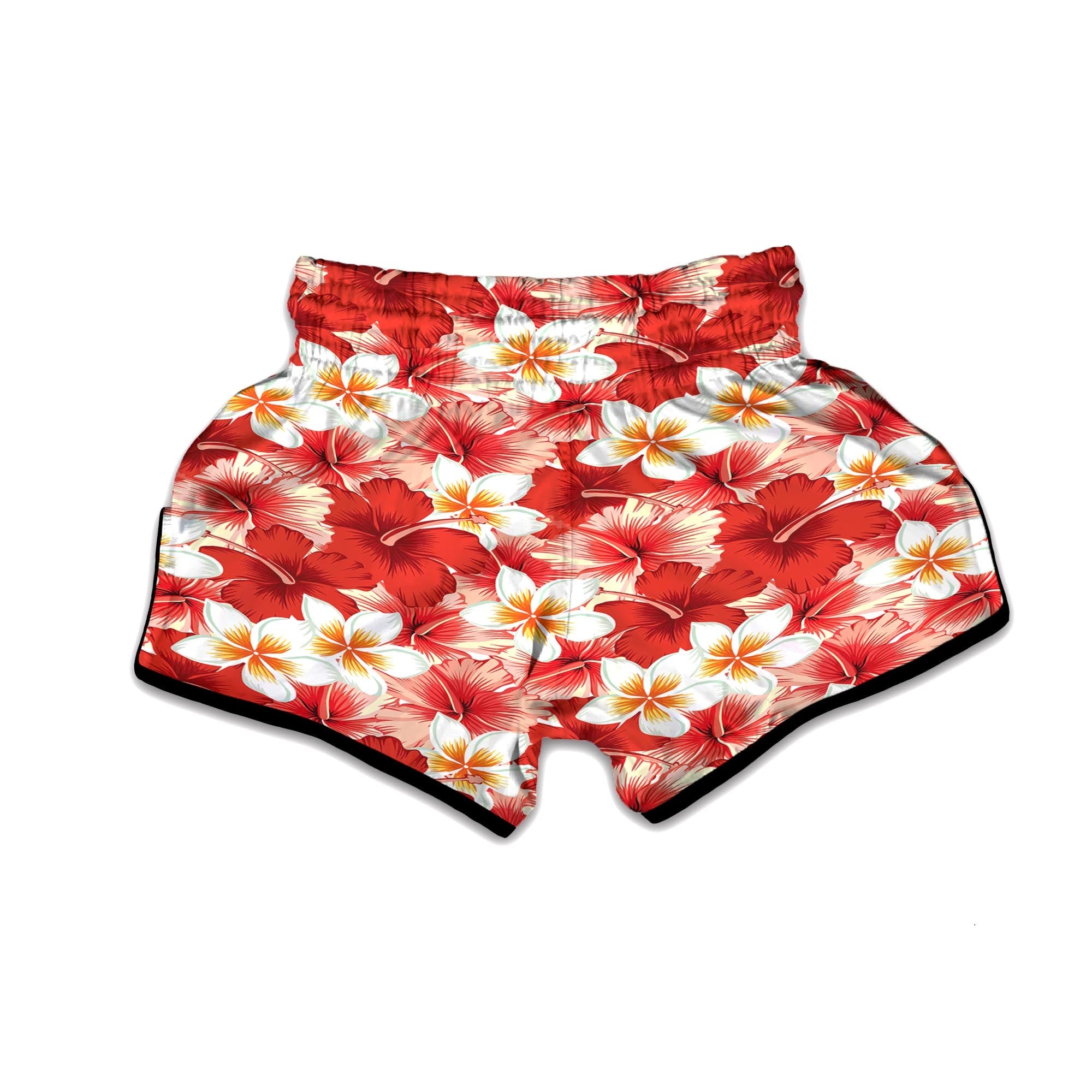 Red And White Hibiscus Hawaiian Print Muay Thai Boxing Shorts-grizzshop