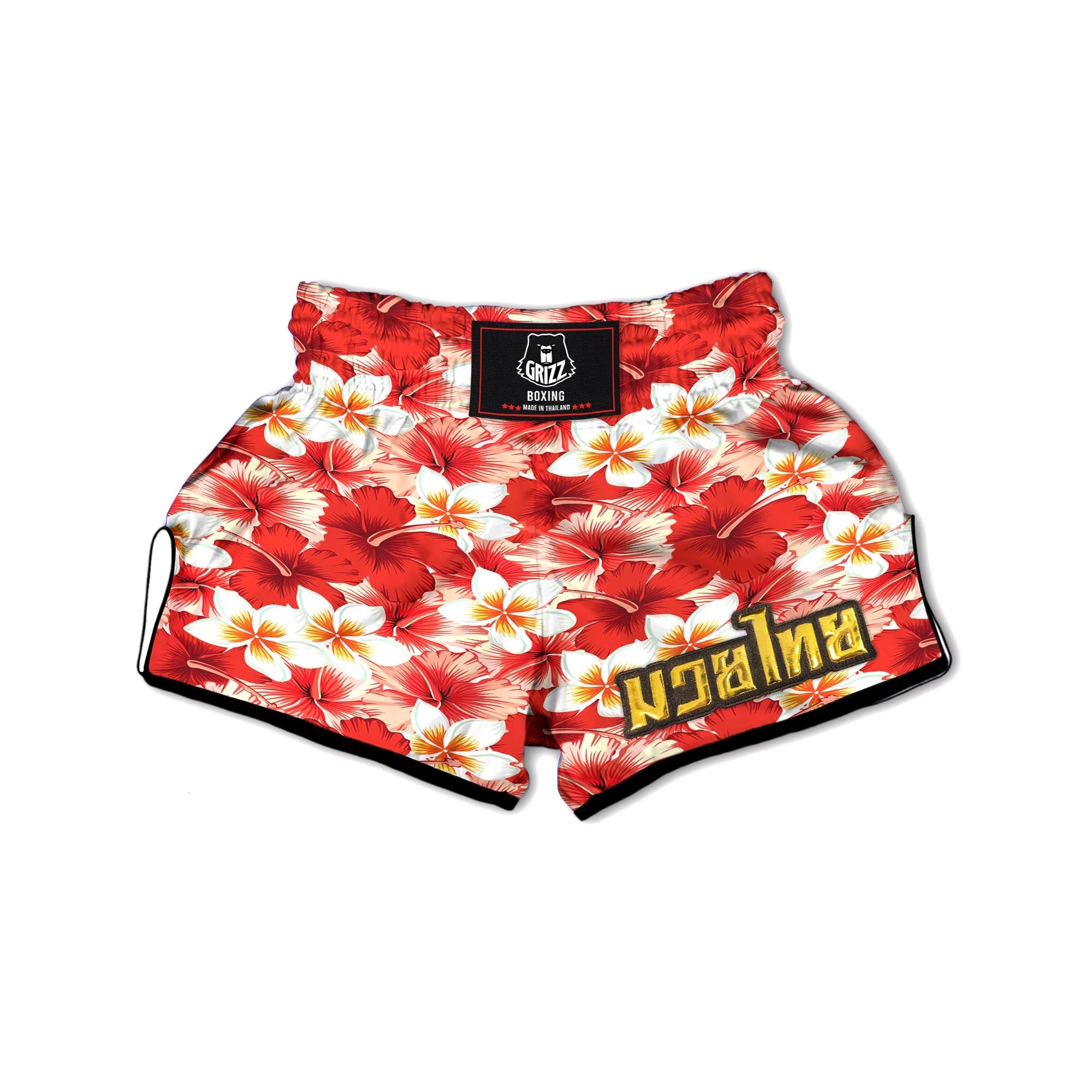 Red And White Hibiscus Hawaiian Print Muay Thai Boxing Shorts-grizzshop