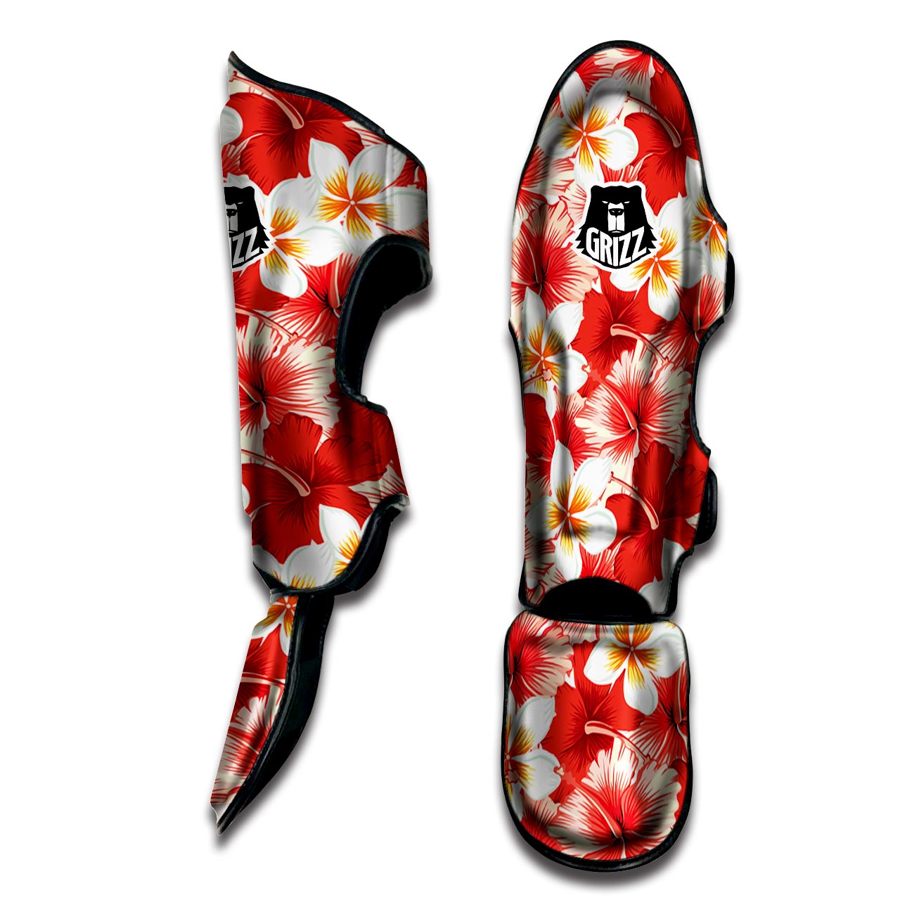 Red And White Hibiscus Hawaiian Print Muay Thai Shin Guard-grizzshop