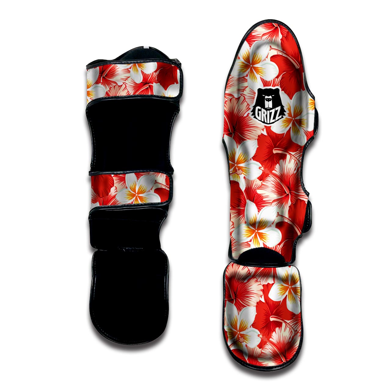 Red And White Hibiscus Hawaiian Print Muay Thai Shin Guard-grizzshop