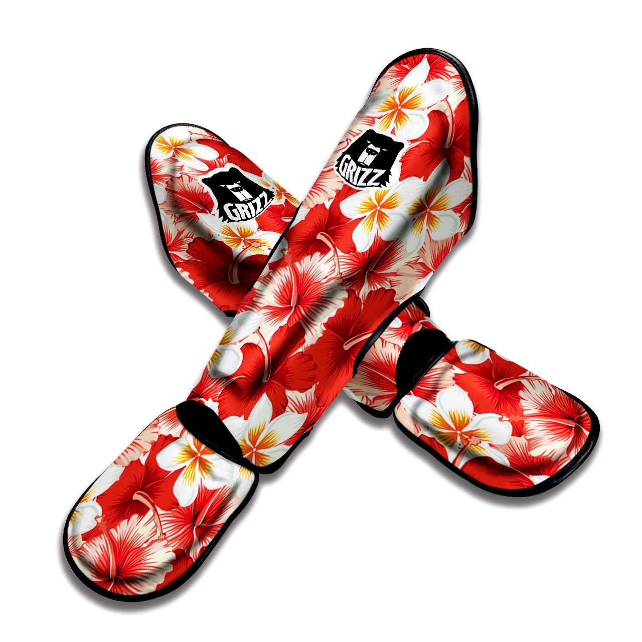 Red And White Hibiscus Hawaiian Print Muay Thai Shin Guard-grizzshop