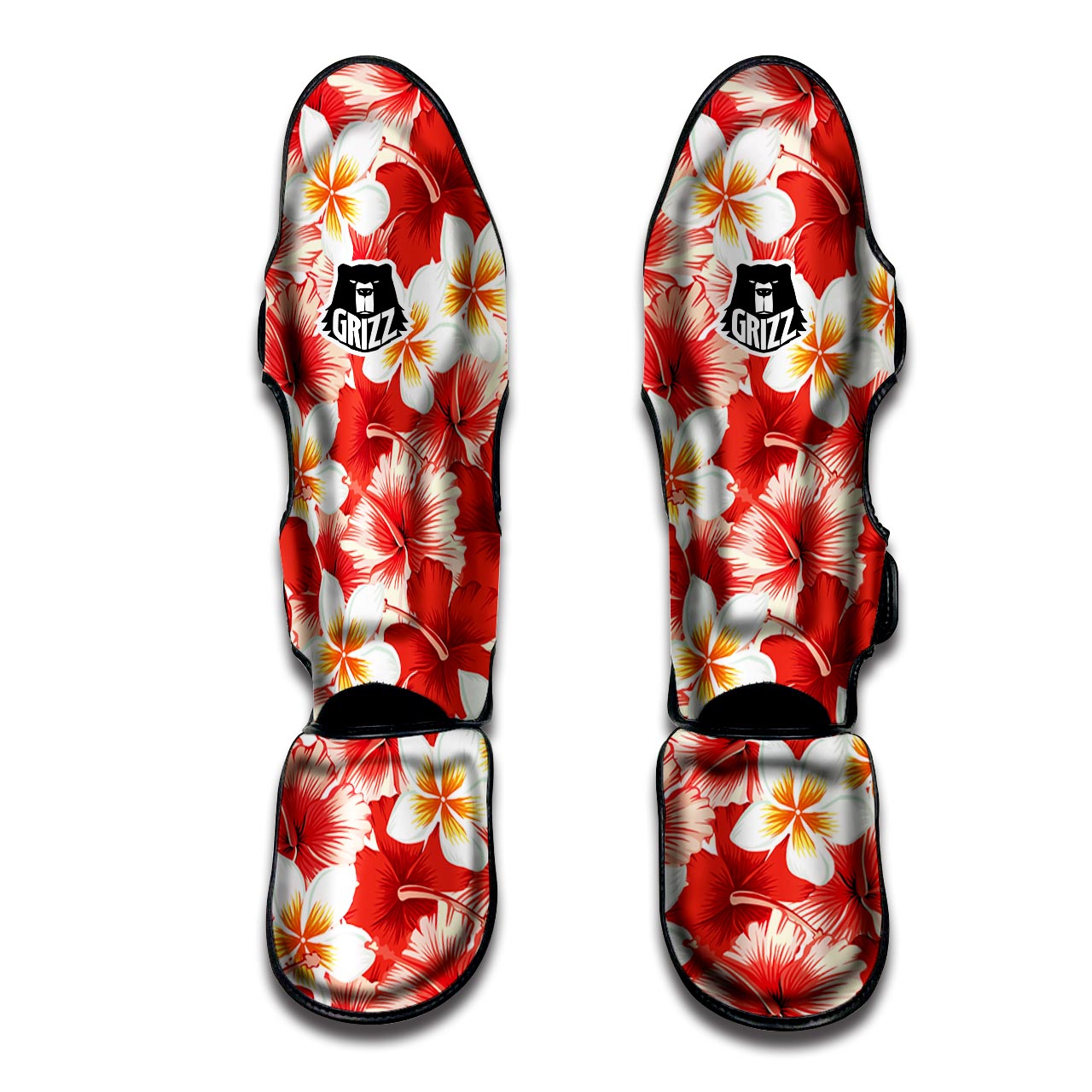 Red And White Hibiscus Hawaiian Print Muay Thai Shin Guard-grizzshop