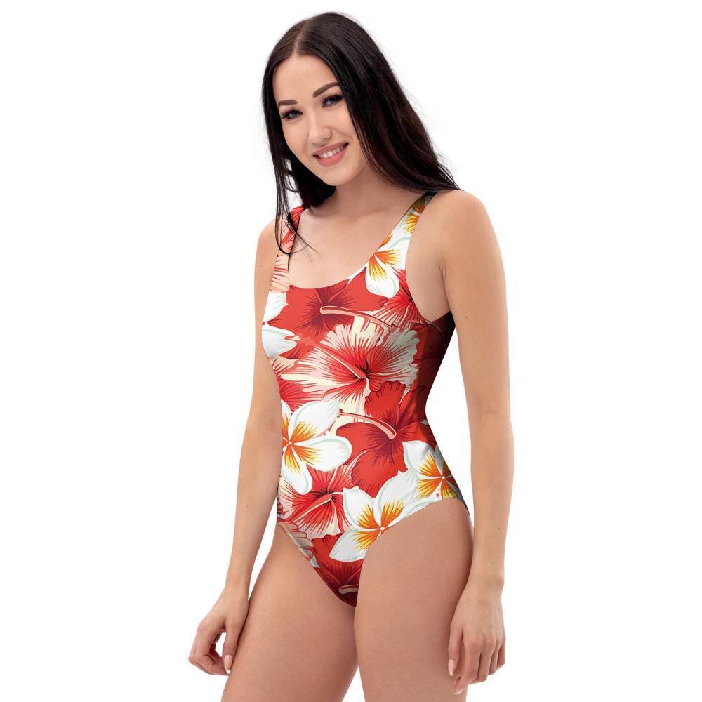 Red And White Hibiscus Hawaiian Print One Piece Swimsuite-grizzshop