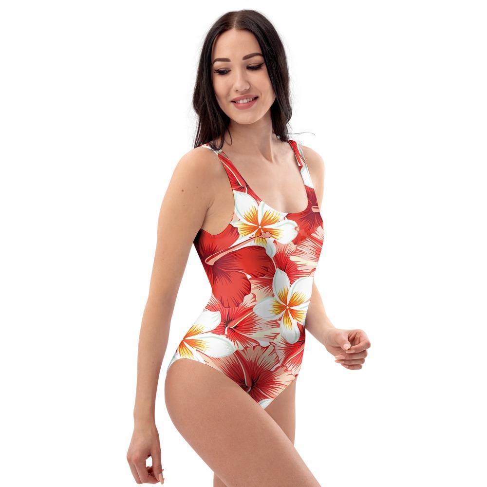 Red And White Hibiscus Hawaiian Print One Piece Swimsuite-grizzshop