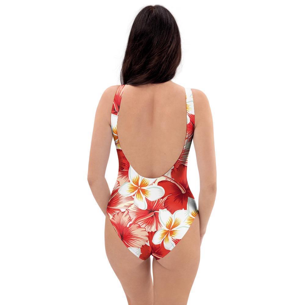 Red And White Hibiscus Hawaiian Print One Piece Swimsuite-grizzshop