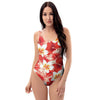 Red And White Hibiscus Hawaiian Print One Piece Swimsuite-grizzshop