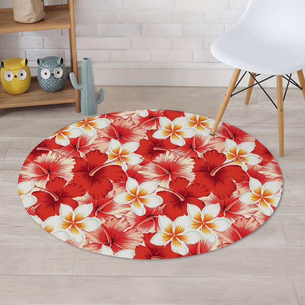 Red And White Hibiscus Hawaiian Print Round Rug-grizzshop