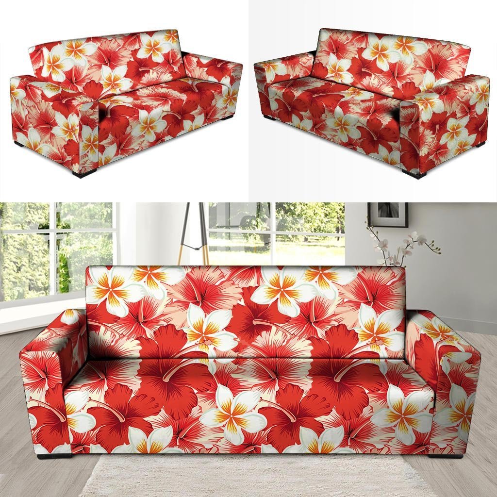 Red And White Hibiscus Hawaiian Print Sofa Cover-grizzshop