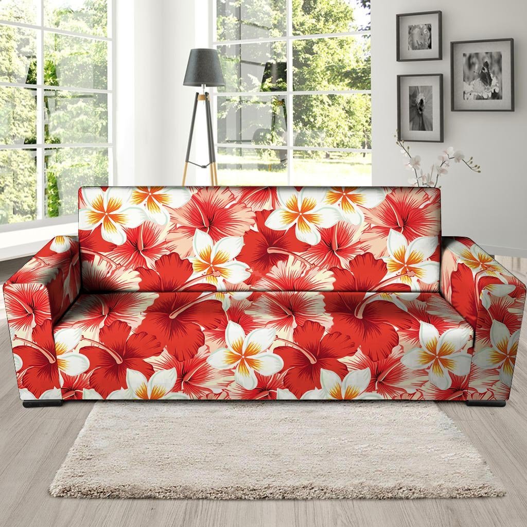 Red And White Hibiscus Hawaiian Print Sofa Cover-grizzshop