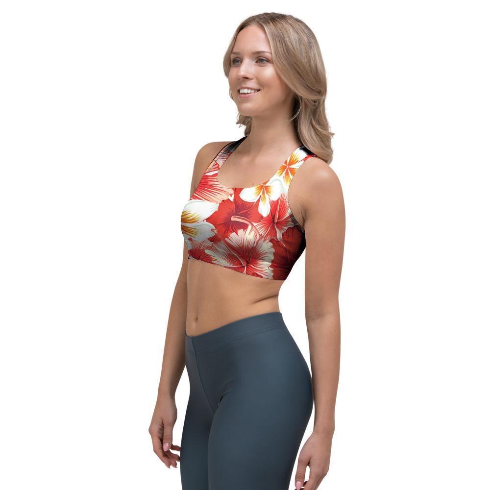 Red And White Hibiscus Hawaiian Print Sports Bra-grizzshop