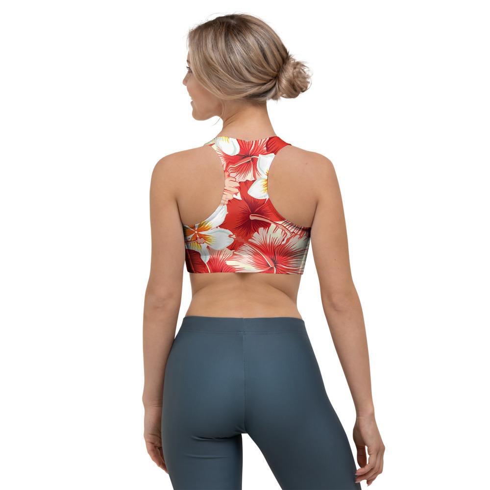Red And White Hibiscus Hawaiian Print Sports Bra-grizzshop