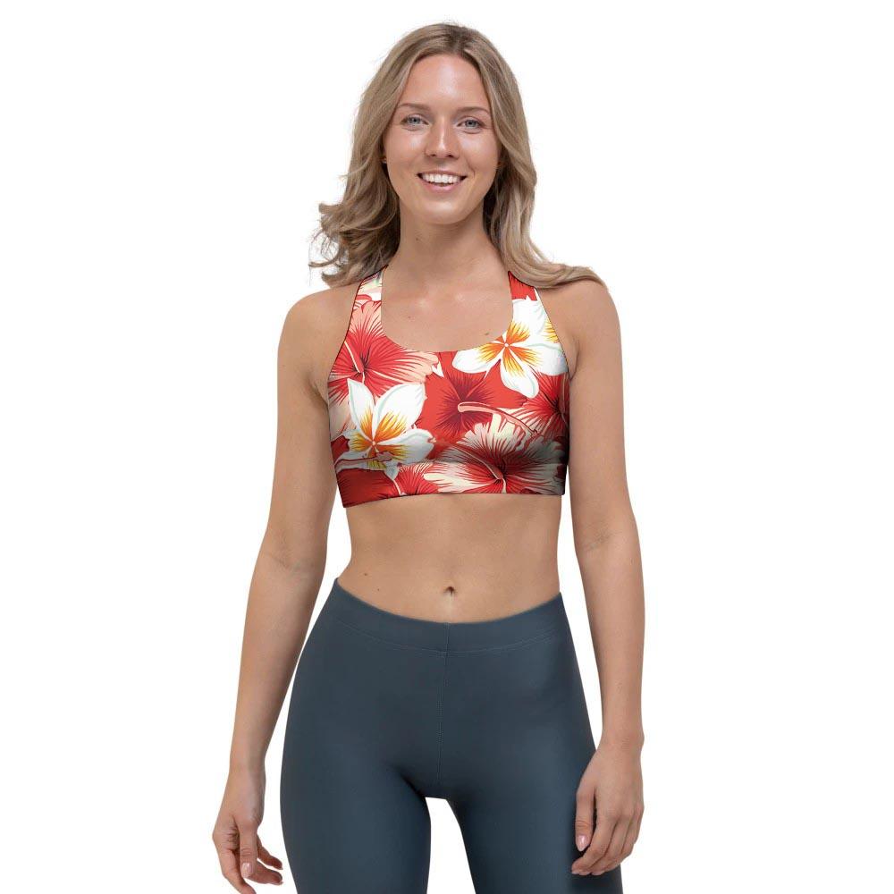 Red And White Hibiscus Hawaiian Print Sports Bra-grizzshop