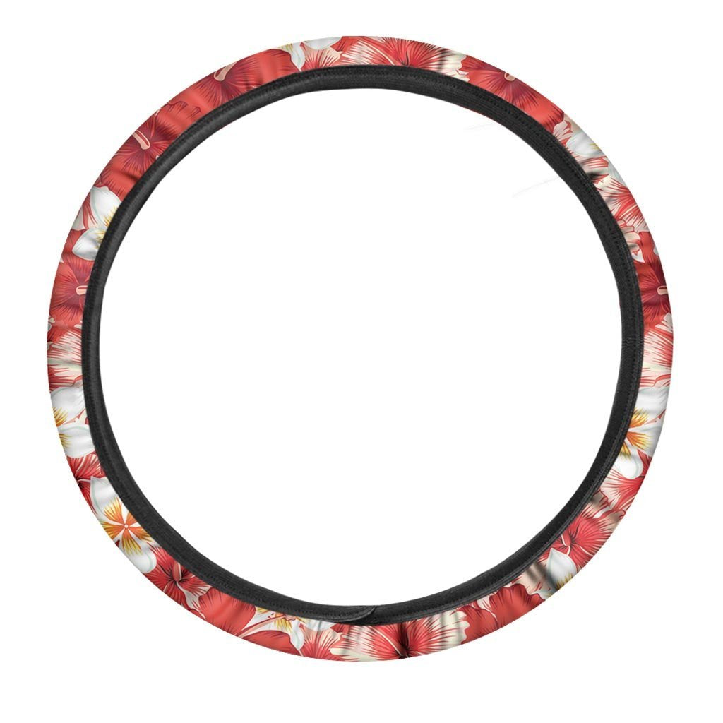 Red And White Hibiscus Hawaiian Print Steering Wheel Cover-grizzshop