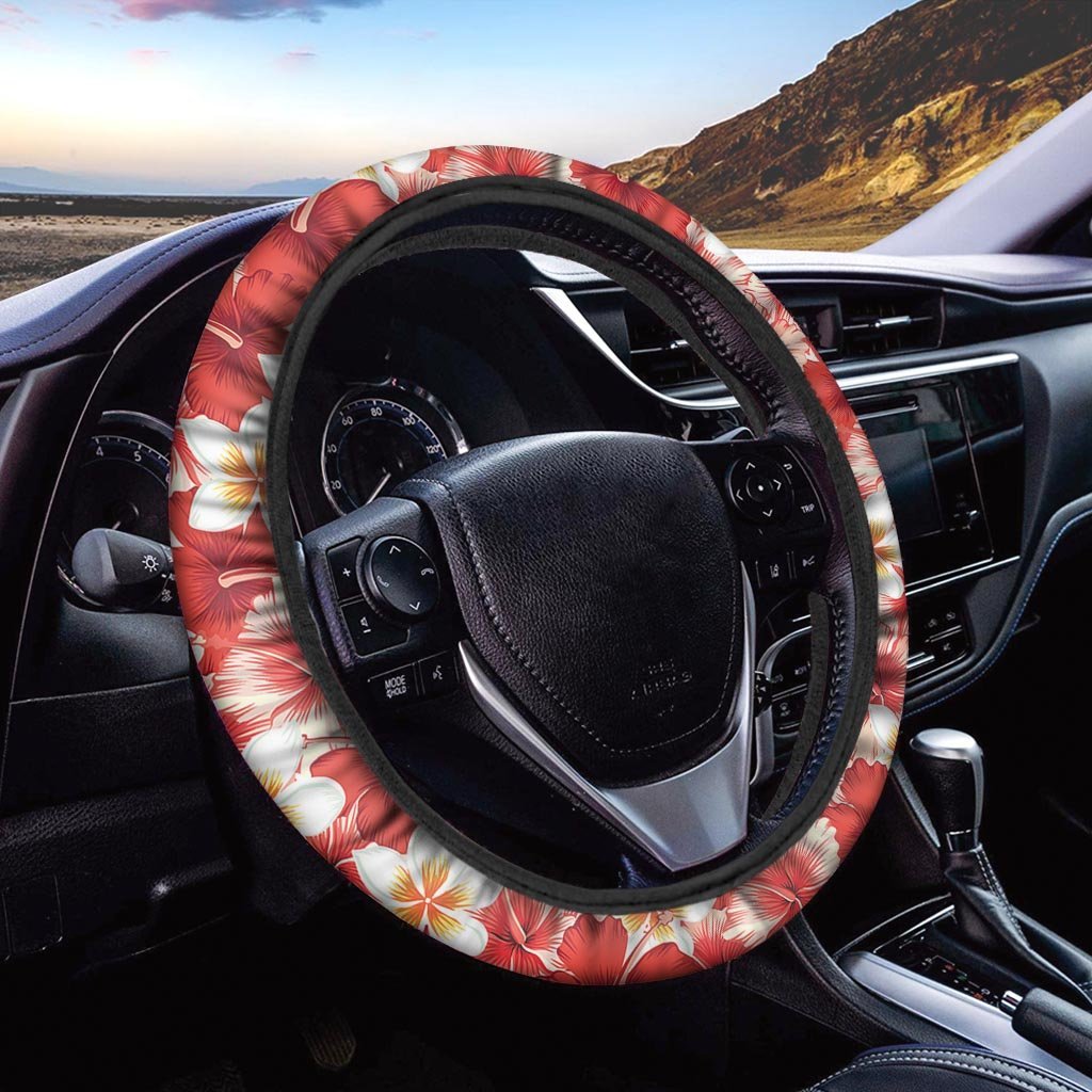 Red And White Hibiscus Hawaiian Print Steering Wheel Cover-grizzshop