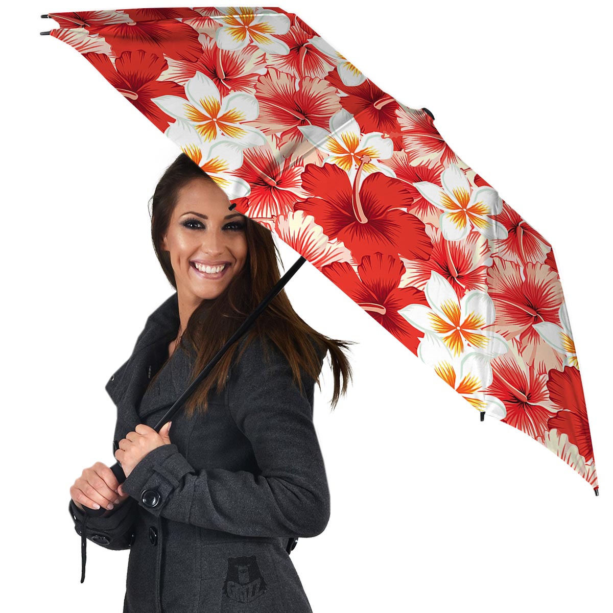 Red And White Hibiscus Hawaiian Print Umbrella-grizzshop