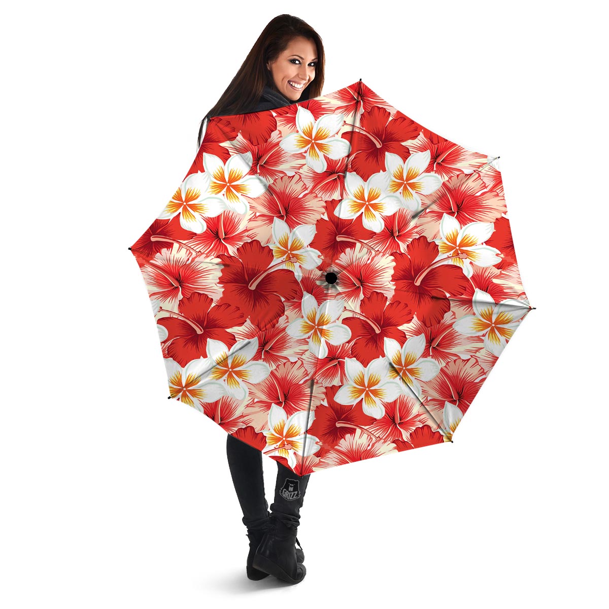 Red And White Hibiscus Hawaiian Print Umbrella-grizzshop