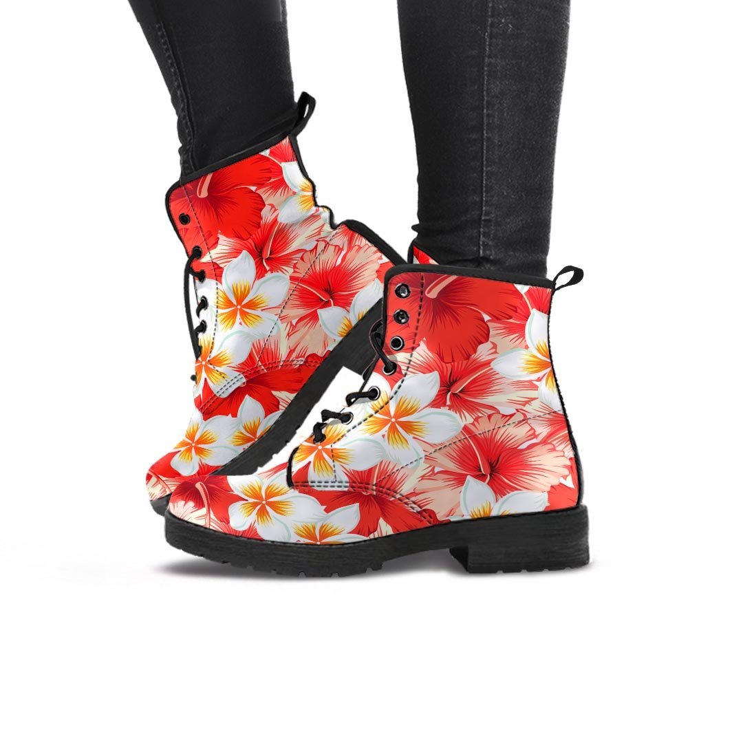 Red And White Hibiscus Hawaiian Print Women's Boots-grizzshop