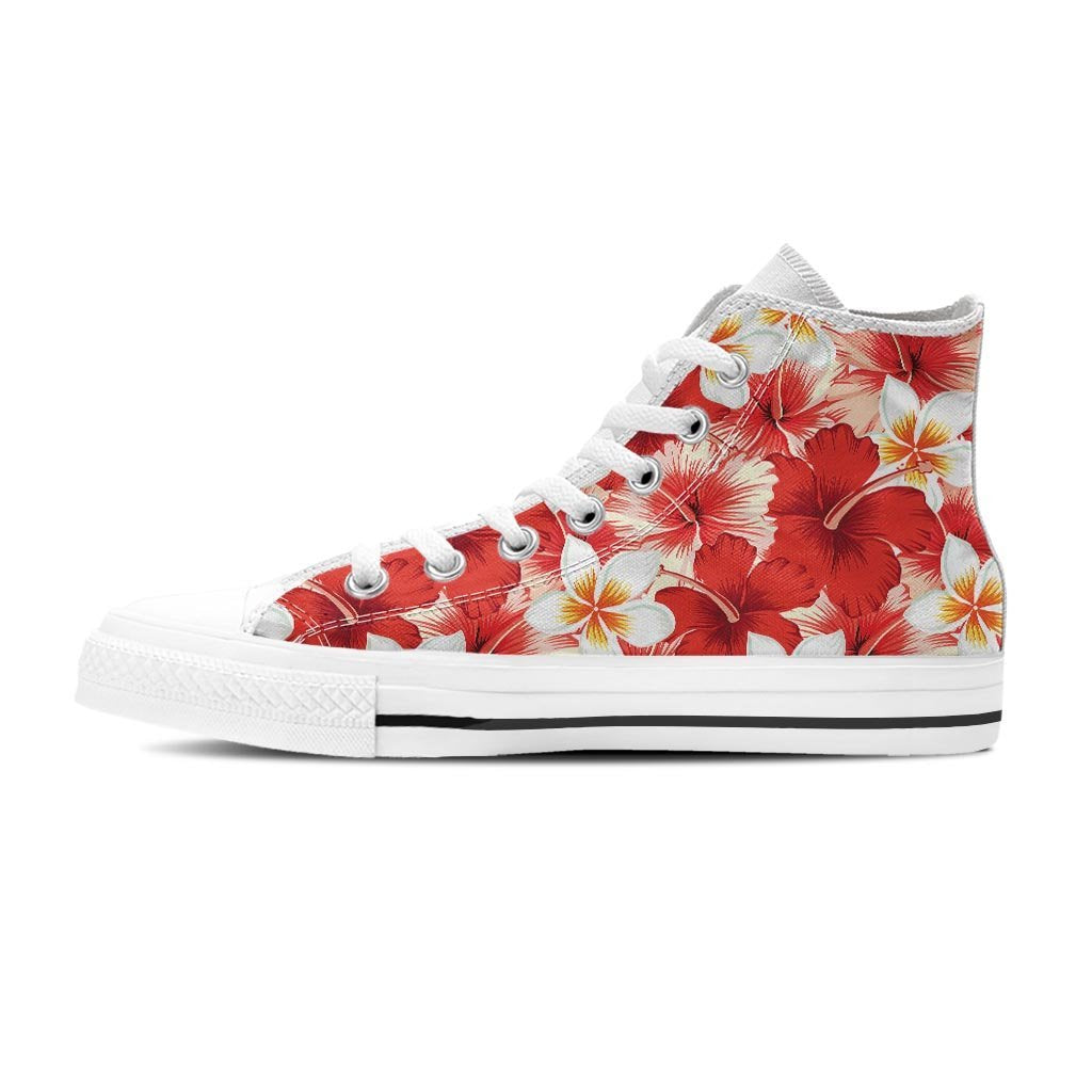 Red And White Hibiscus Hawaiian Print Women's High Top Shoes-grizzshop