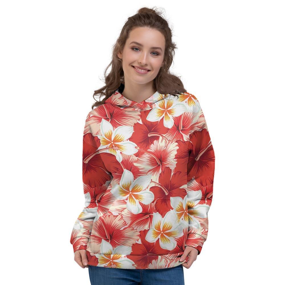 Red And White Hibiscus Hawaiian Print Women's Hoodie-grizzshop