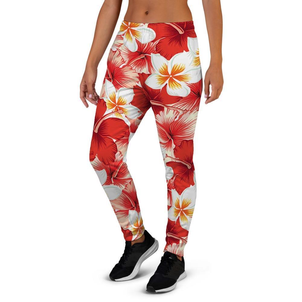 Red And White Hibiscus Hawaiian Print Women's Joggers-grizzshop