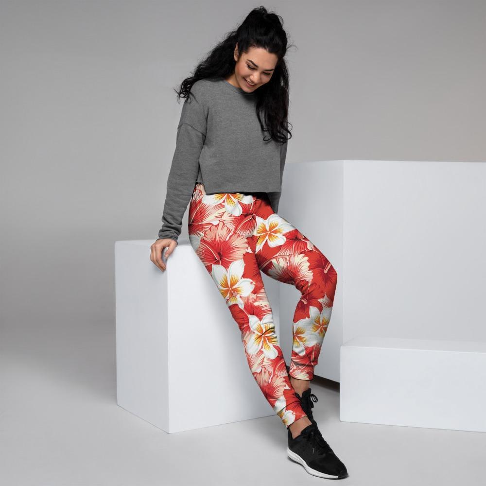 Red And White Hibiscus Hawaiian Print Women's Joggers-grizzshop