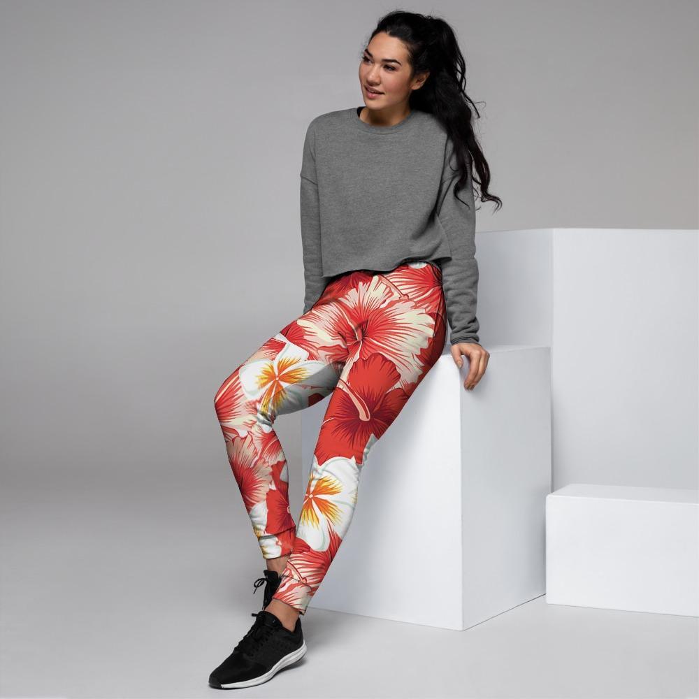 Red And White Hibiscus Hawaiian Print Women's Joggers-grizzshop