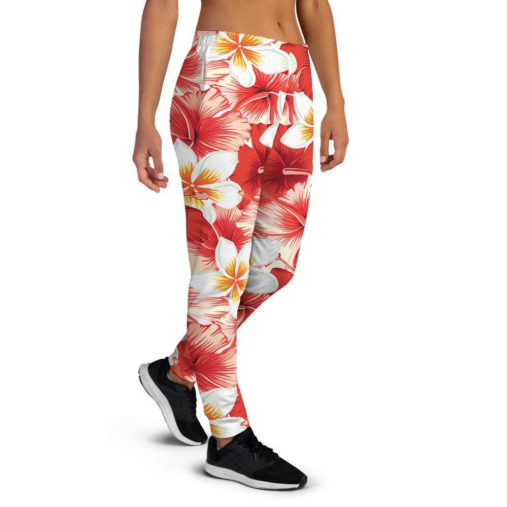 Red And White Hibiscus Hawaiian Print Women's Joggers-grizzshop