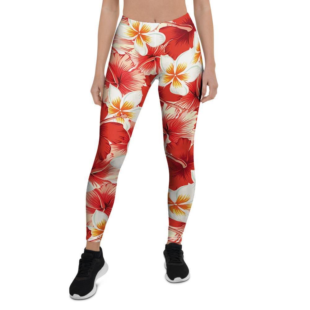 Red And White Hibiscus Hawaiian Print Women's Leggings-grizzshop