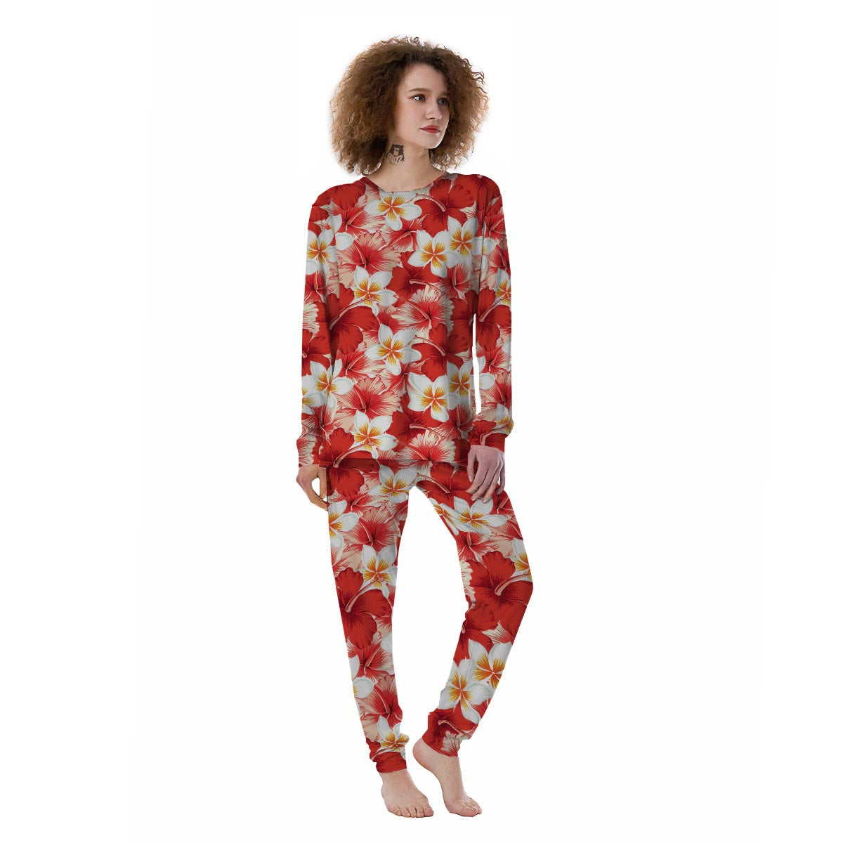 Red And White Hibiscus Hawaiian Print Women's Pajamas-grizzshop