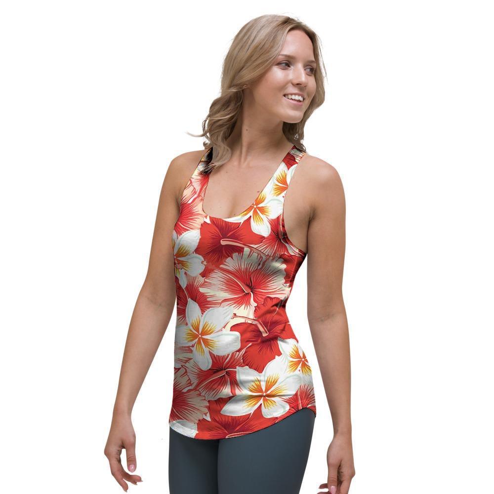 Red And White Hibiscus Hawaiian Print Women's Racerback Tank Top-grizzshop