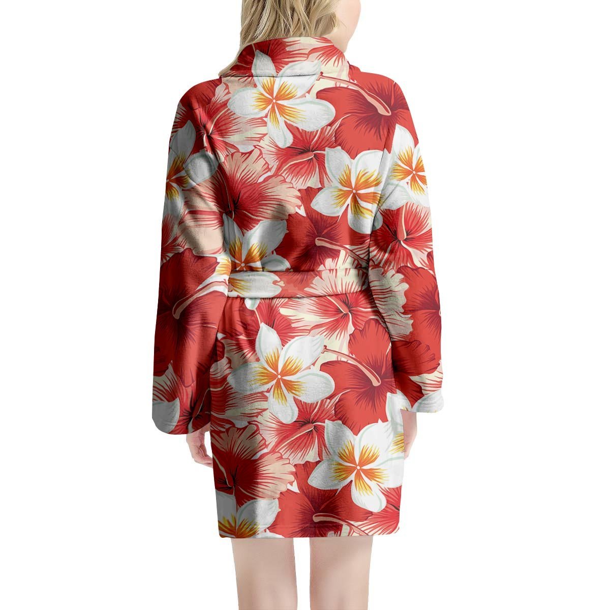 Red And White Hibiscus Hawaiian Print Women's Robe-grizzshop