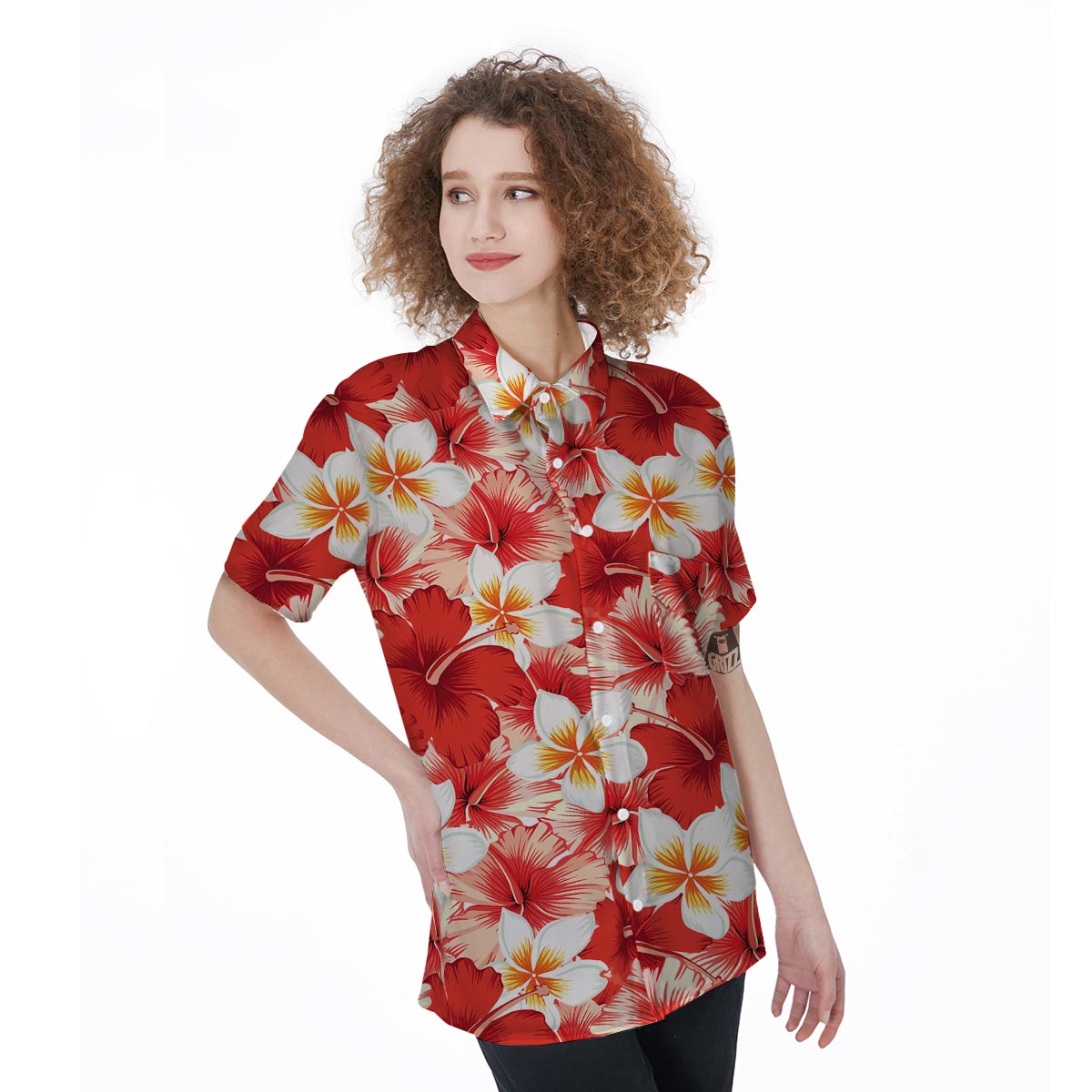 Red And White Hibiscus Hawaiian Print Women's Short Sleeve Shirts-grizzshop
