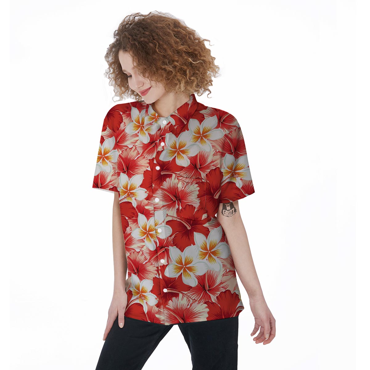 Red And White Hibiscus Hawaiian Print Women's Short Sleeve Shirts-grizzshop
