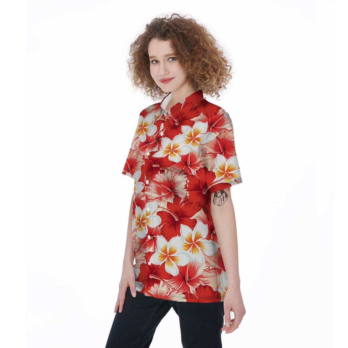 Red And White Hibiscus Hawaiian Print Women's Short Sleeve Shirts-grizzshop