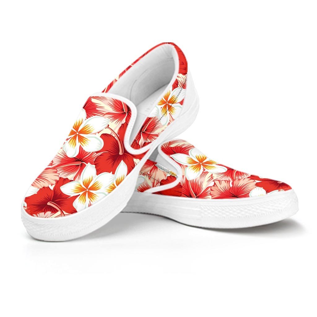 Red And White Hibiscus Hawaiian Print Women's Slip On Sneakers-grizzshop